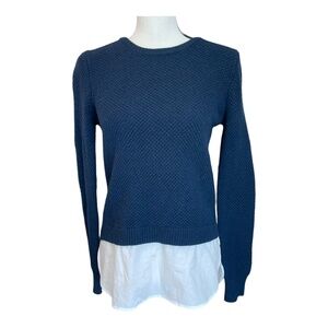 J.Crew Womens Sweater Wool Crewneck Layered Blue White Waffle Knit Solid XS